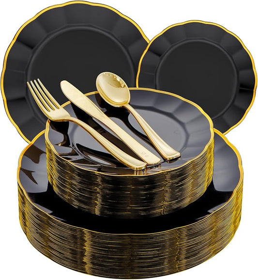 EI 150pcs Black Plastic Plates,Black and Gold Fancy Plate,Gold Plastic Silverware,Black and Gold Dinnerware Set,Premiun Heavy Duty Taleware,Perfect for Party,Wedding,Business Events,Hotel Banquets