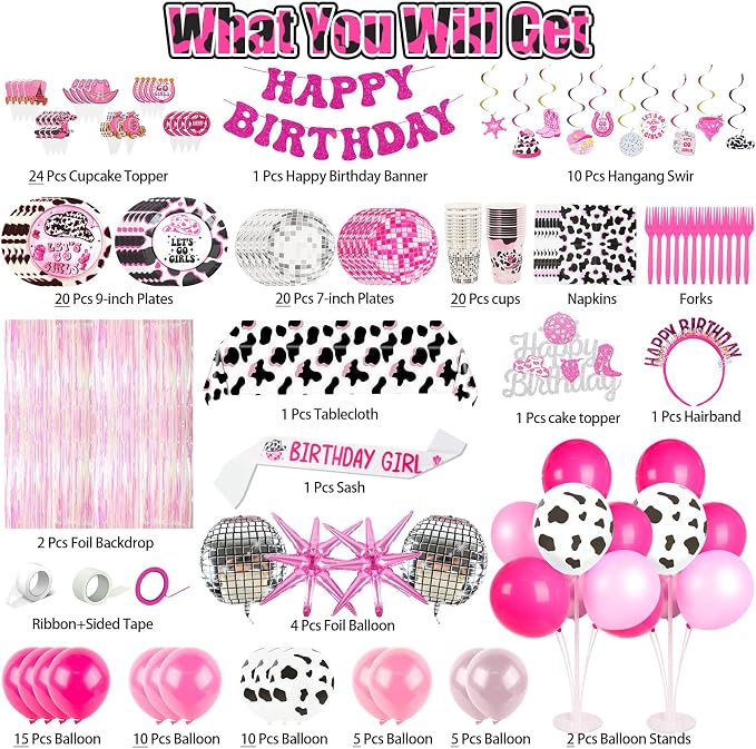 185Pcs Cowgirl Birthday Party Decorations Supplies - Includes 20 Guests Tableware Set and Birthday Banner Backdrop Foil Balloons Stand Cake Toppers for Western Disco Cowgirl Party Decor