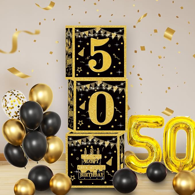Gold 50th birthday decorations men,3pcs birthday Decorations for Men boys black and gold Balloon Boxes Birthday Party Favors