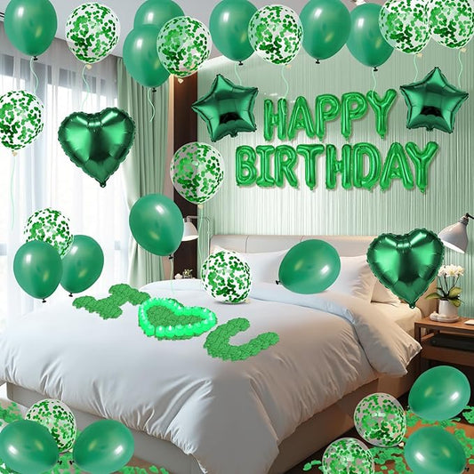 Green Happy Birthday Balloons Decorations Green Birthday Balloon Letters Banner with Star Heart Balloons 1000 Pcs Artificial Rose Petals 24 Flameless LED Candles for Hotel Birthday Party Supplies