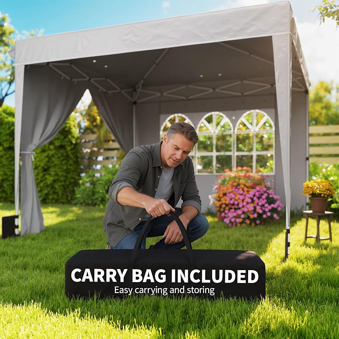 Outsunny 10 x 10 ft Pop Up Canopy Tent with Sidewalls, UPF50+ Outdoor Portable Instant Canopy Shelter with Carry Bag, Sandbags, Adjustable Height for Parties, Events, Camping, Light Gray