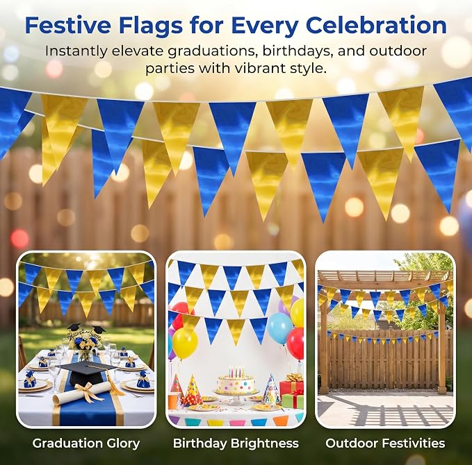 130FT Navy-Blue Gold Triangle Pennant Banner Flag Metallic Fabric Bunting Garland for Christmas Graduation Retirement Birthday Wedding Bridal Shower Nautical Ahoy Achor Party Decorations Supply