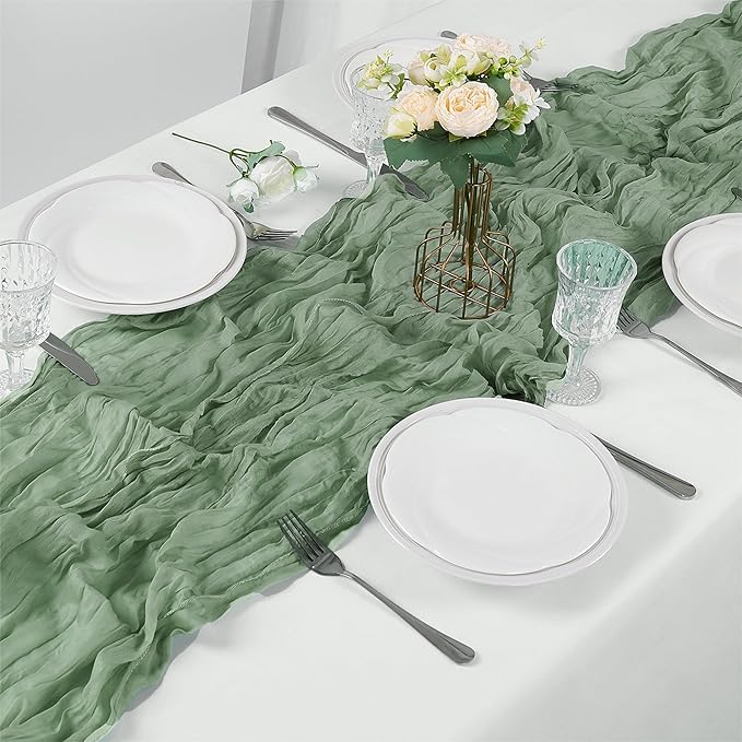 15 Pieces Sage Green Cheesecloth Table Runner, 17x108 Inch Long Boho Gauze Table Runner Rustic Decorations for Wedding Birthday Holiday Party Baby Shower Table Decor