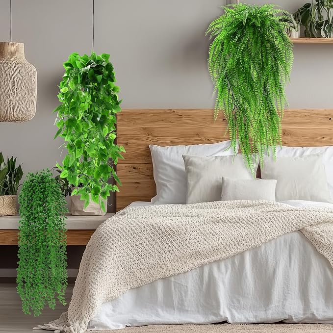 Daifunli 36 Pcs Artificial Hanging Plants Fake Hanging Ferns Plastic Fake Plants for Wall Room Garden Garland Indoor Outdoor Decor No Basket (Boston,Eucalyptus,Ivy Vine,String of Pearls)