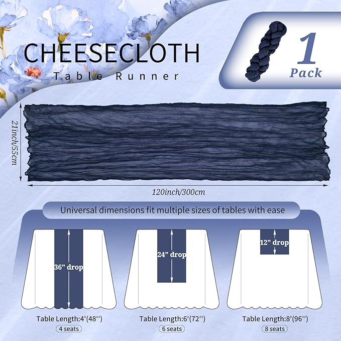 1 Pack Cheesecloth Table Runner 10FT Navy Blue Table Runner Boho Gauze Cheese Cloth Table Runners Long Rustic Sheer Table Decorations for Wedding Party Baby Bridal Shower Birthday Holiday Home