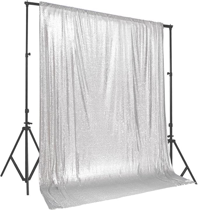 PartyDelight Silver Sequin Backdrop 10x10ft 4 Inch Rod Pocket | 3mm stitched silver sequins on mesh backing with 4 inch rod pocket for large wedding walls group photos stages and reception