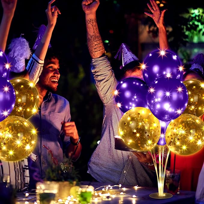 Junkin 6 Set Balloons Centerpieces for Table with LED String Light 60 Pcs Balloons Light up Table Balloon Stand Centerpieces for Graduation Birthday Baby Shower Wedding Bridal Shower(Purple)