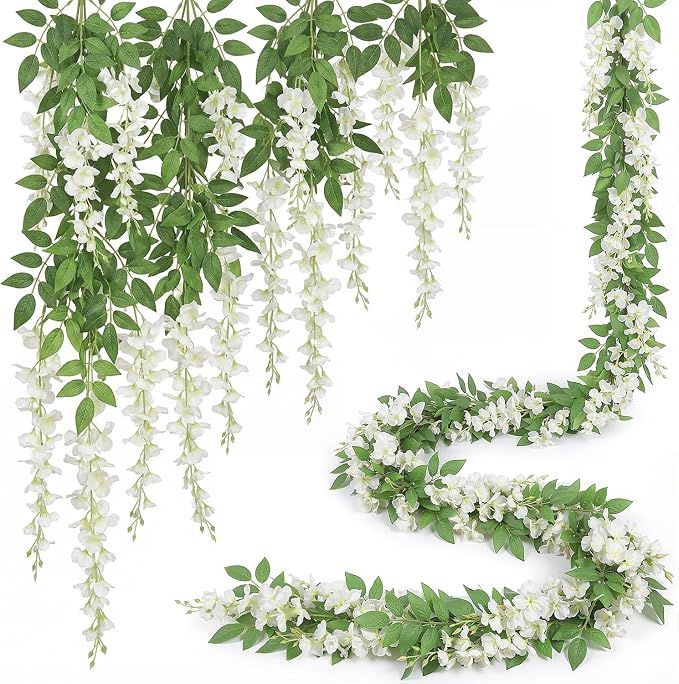 Findosom Wisteria Artificial Flowers Garland, 20Pcs Total 144FT White Wisteria Hanging Flowers, Flower Garland Decorations for Home Garden Outdoor Ceremony Wedding Arch Decoration
