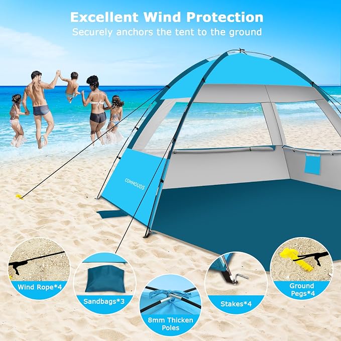 COMMOUDS Beach Tent Sun Shelter for 3/4/6/8 Person, UPF 50+ UV Protection Beach Shade Canopy Tent, Lightweight, Easy Set Up and Carry