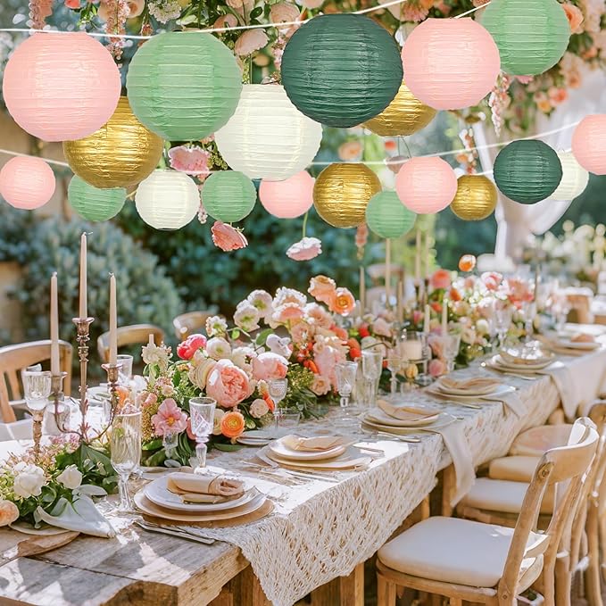ADLKGG Paper Lanterns Decorative, Hanging Paper Lantern Decorations for Valentines Day Decorations Graduation Wedding St. Patrick's Day Neutral Baby Shower Home Decor Sage Green/Pink/Gold 21pcs