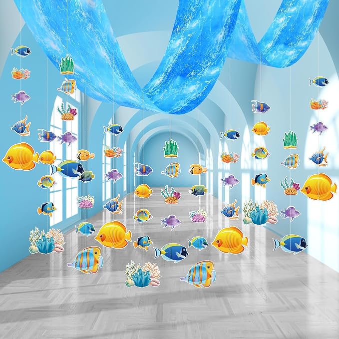 Ctosree Ocean 25 Pcs Tropical Fish Party Decoration Bulk 12 ft Ocean Waves Banner Ceiling Decor Under The Sea Party Decoration with 24 Pcs Tropical Fish Banner for Under The Sea School Classroom Decor