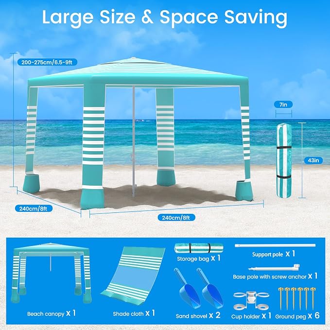 MoKo Beach Cabana, 8'×8' Large Beach Canopy with Side Wall, UPF 50+ Protection Easy Setup Beach Tent Sun Shelter, Adjustable Height Wind Resistant Cabana Beach Tent for Whole Family, Green Stripe