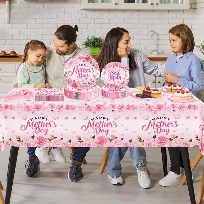 122 PCS Mothers Day Plates and Napkins Set, Serves for 30 Guests Pink Mother's Day Home Decor with Flowers, Disposable Paper Plates Napkins Plastic Forks Tablecloth for Best Mom Party Supplies