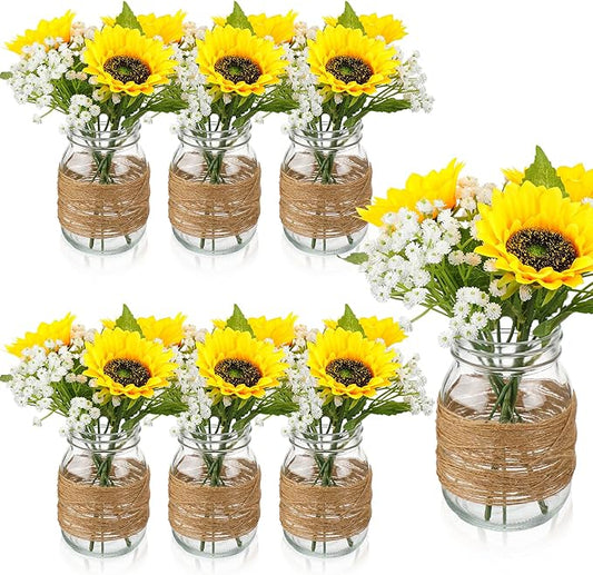 43 Pcs/ 6 Set Sunflower Mason Jar Table Centerpiece Mason Jar Vases Faux Floral with Rope Boho Rustic Flower Table Decoration for Reception Engagement Party Bridal Shower Wedding