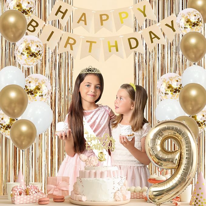 Trgowaul 9th Birthday Decorations for Girls, Banner, Sash and Crown, Cake Topper, 9 Number Balloon, Fringe Curtains, Champagne Gold 9th Birthday Party Supplies