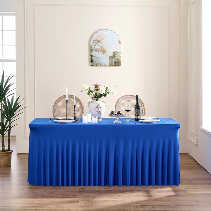 Outpain 8ft Spandex Table Cloth for Standard Folding Tables-6Pack Royal Blue Table Cloth Table Protector for Party, Wedding, Cocktail, Banquet, Festival