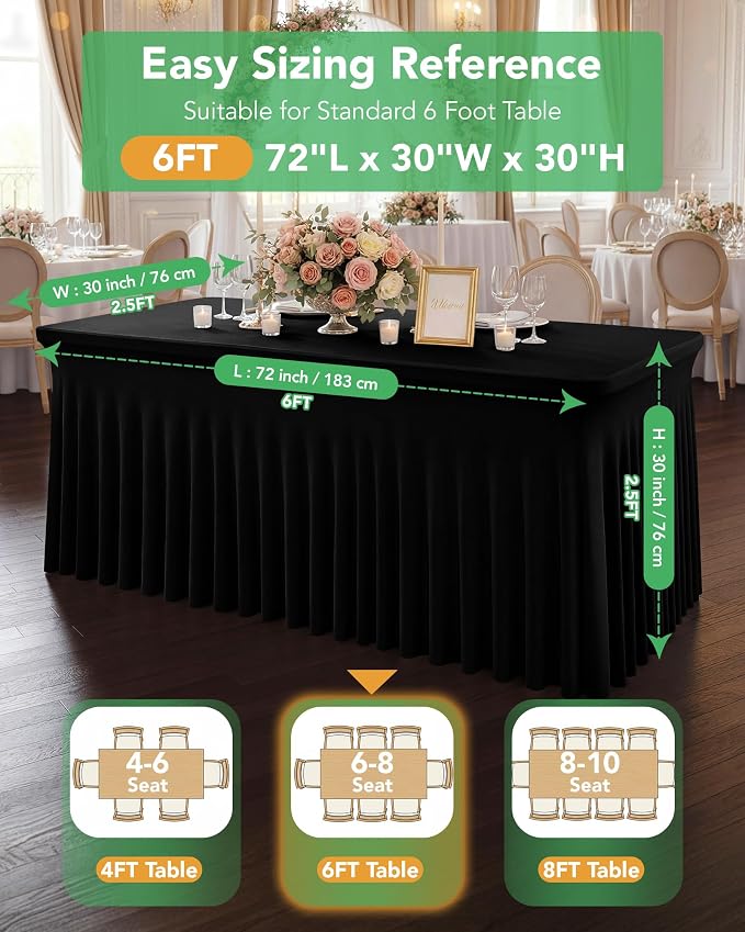 4 Pack Spandex Table Cover Skirts for 6ft Rectangle Tables, Black Stretch Table Cloths with Floor-Length Ruffle, Elastic Fitted Skirted Tablecloth for Elegant Wedding Banquet Party Buffet Decoration