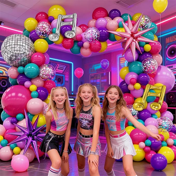 KPOP Music Theme Balloon Garland Arch Kit, 119Pcs Rainbow Colorful Balloon & Retro Disco Ball Musical Note Explosion Star Foil Balloons for K-Pop Party 90s 80s Disco Hip Hop Birthday Decor Supplies