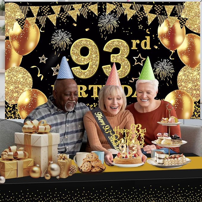 93rd Birthday Decorations Men Women with 93rd Birthday Banner, Black and Gold Table Cloth, Number Balloons, Sash, Cake Topper and Candles