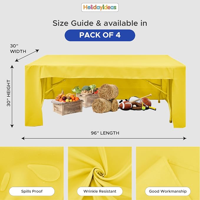 HolidayIdeas 4-Pack 8ft Open Back Fitted Tablecloths for Craft Shows Yellow | 3-Sided coverage wrinkle resistant tablecloths for vendor booths,banquet events,outdoor pop-up shop
