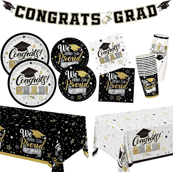 Graduation Decorations 2026 Black and Gold Grad Party Supplies with Disposable Plates, Napkins, Tablecloth, Cups and Congrats Grad Banner for 24 Guests - Graduation Party Decorations