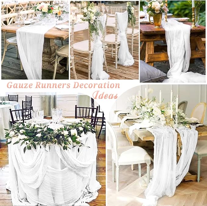 10 Pcs White Cheesecloth Table Runner 10FT, Gauze Cheese Cloth for Wedding Reception Rustic Sheer Bridal Shower Birthday Party Boho Table Decoration, Romantic Wedding Runner