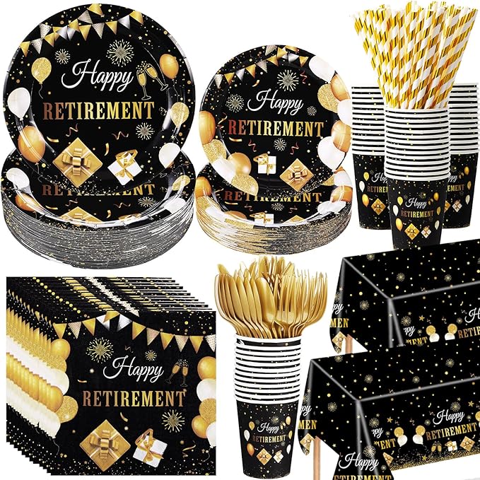 Funnymoom 452 Pcs Happy Retirement Party Decorations Men for 50 Guests, Black Gold Retirement Paper Plates and Napkins Cups Tablecloth Cutlery Straws Disposable Tableware Party Supplies for Men Women
