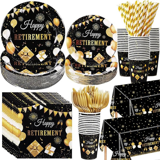 Funnymoom 452 Pcs Happy Retirement Party Decorations Men for 50 Guests, Black Gold Retirement Paper Plates and Napkins Cups Tablecloth Cutlery Straws Disposable Tableware Party Supplies for Men Women
