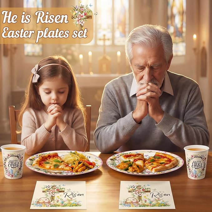 Vesici 150 Pcs Easter Cross Paper Plates and Napkins Set-serves 50, 10'' x 12'' Large Bunny Flower Tableware Disposable Primary Cross Paper Plates Cups Napkin for Spring Easter Birthday Party Supplies