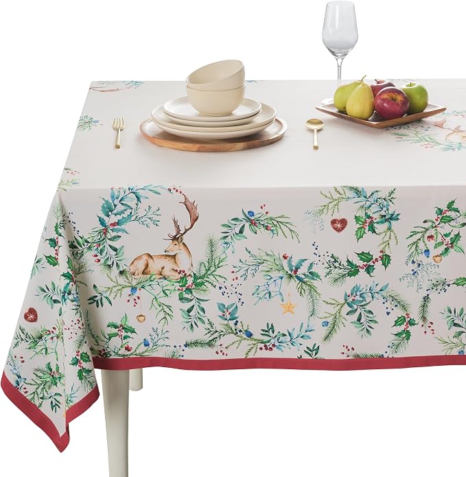 Maison d' Hermine Table Cloth Rectangle Table 100% Cotton 70 x 140 Inches Fall Tablecloth Reusable Everyday Use for Thanksgiving Christmas Decorations Dining Farmhouse Party (Holly Time)