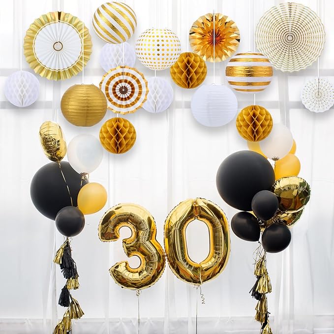 Retisee 18 Pcs Metallic Gold Party Decorations Kit Hanging Metallic Gold Paper Lanterns Paper Fans Honeycomb Balls for Birthday Anniversary Celebration Wedding Graduation Decoration Supplies