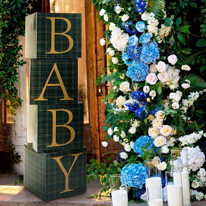 Vicenpal Blue Green Tartan Plaid Baby Shower Boxes with Letters for Baby Shower Decorations Bear Themed Gender Reveal Decoration Photo Prop & Forest Animal Nursery Decor Set of 4 Birthday Party Favors