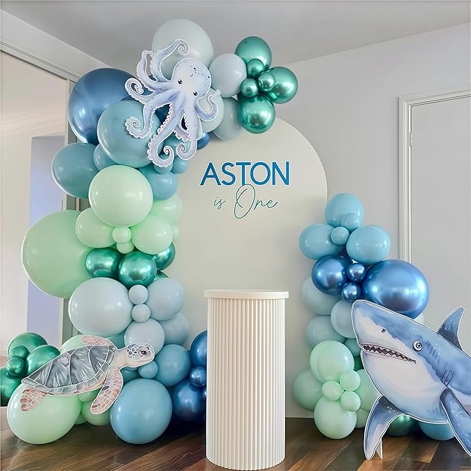Under the Sea Balloons Garland Arch Kit, 123pcs Dusty Blue Teal Pastel Green Metallic Blue Green Ocean Balloon with Transparent Balloons for Shark Baby Shower Sea Animal Birthday Party Decorations