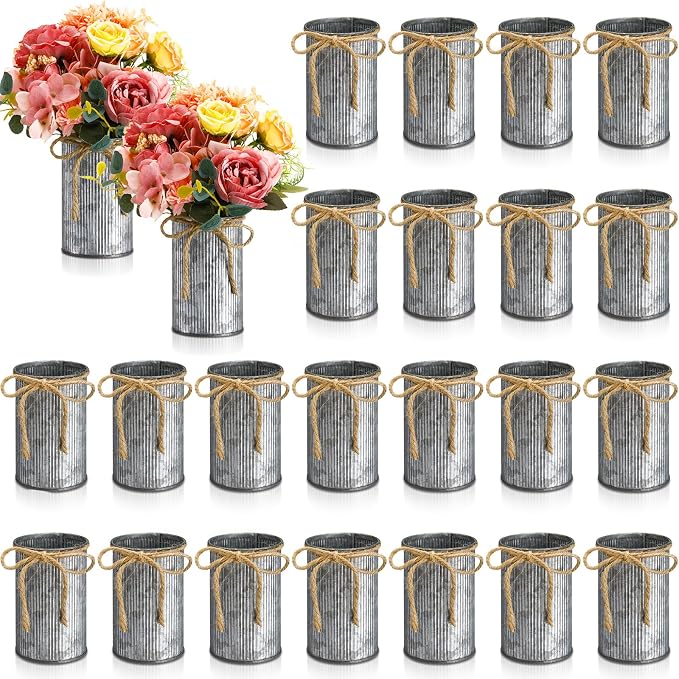 Rustic Vase for Table Centerpieces 4.33 Inch Small Petite Flower Vase with Twine Bow Vintage Farmhouse Decor for Wedding Reception Dining, Home Galvanized Metal Buckets(Iron Color,24 Pcs)