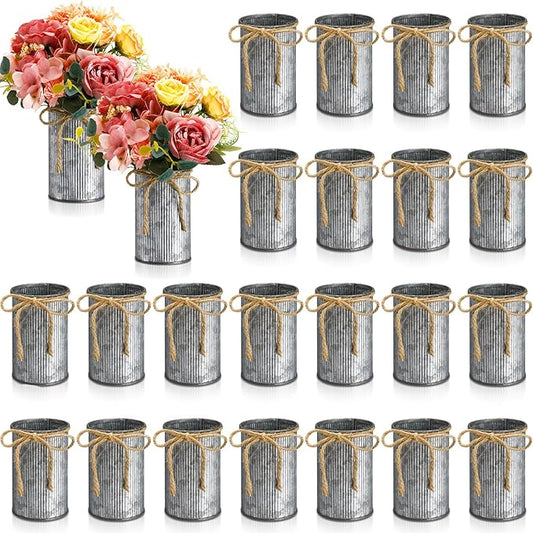 Rustic Vase for Table Centerpieces 4.33 Inch Small Petite Flower Vase with Twine Bow Vintage Farmhouse Decor for Wedding Reception Dining, Home Galvanized Metal Buckets(Iron Color,24 Pcs)