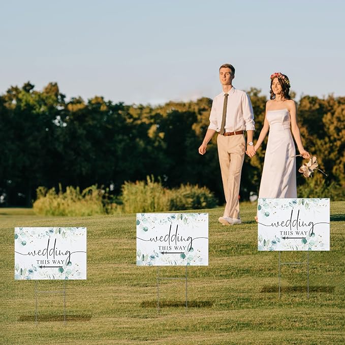 3 Pack 14.5” x 10.5” Wedding This Way Signs Double Sided Printed Wedding Direction Sign with Stakes for Ceremony Reception Lawn Yard Direction Arrow Signs Exquisite Plastic Rainproof Party Supplies,Green Leaf