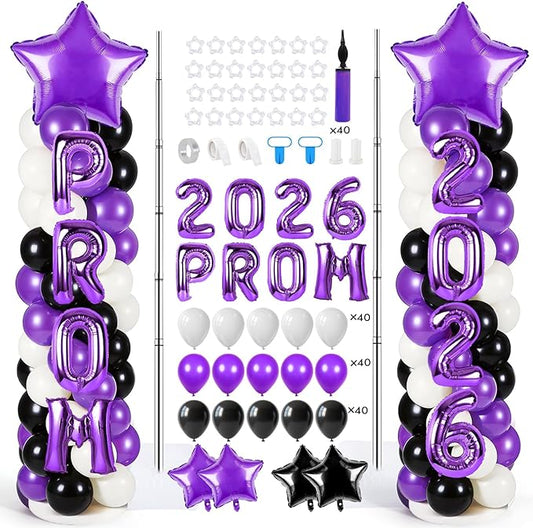 2 Sets Graduation Balloon Column Stand Kits with 132 PCS Purple Black White Latex Balloons 2026 Letters 6.5 Ft Adjustable Metal Tube Telescopic Tower Pillar with Base for Graduation Party Decoration