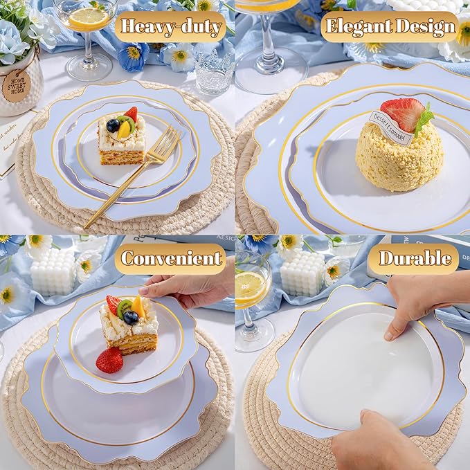 WDF 100PCS Blue Plastic Plates - Light Blue Plates Disposable - Heavy Duty Scalloped Plastic Plate for Parties/Wedding/Baby Shower