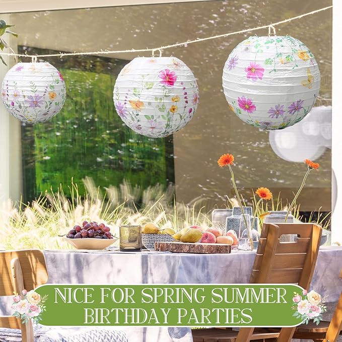 Baquler 12 Pcs Spring Wildflower Paper Lanterns Party Decorations Pink Purple Floral Hanging Lanterns 3 Styles for Baby in Bloom Baby Shower Wedding Garden Tea Summer Home Indoor Outdoor Party Decor