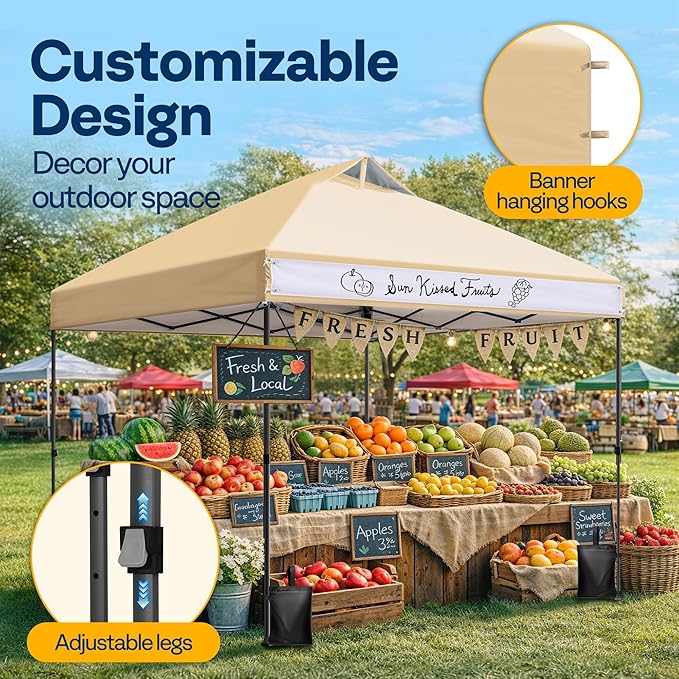 VIVOHOME 10x10ft Pop Up Canopy Tent One Push Setup Outdoor Portable Shelter Tent Heavy Duty with Wheel Carry Bag and 4 Sandbags, Beige