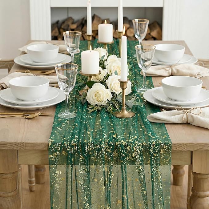 Artoid Mode Green Gold Gauze Table Runner 59x120 Inch 10FT, Glitter Metallic Foil Sheer Dining Wedding Anniversary Holiday Table Decor for Home Party