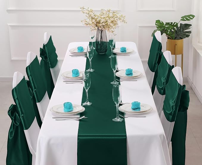 Horbaunal 24 Pack Forest Green Satin Table Runner 12 x 108 Inch, Smooth Table Runners for Wedding Banquets Birthday Party