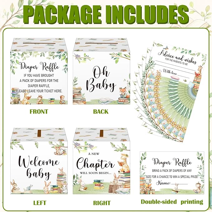 Teling 51 Pieces Diaper Raffle Tickets with Card Box Baby Shower Decorations Gender Reveal Holder Box for Girl Boy Diaper Raffle Party(A New Chapter Will Soon Begin,Storybook)