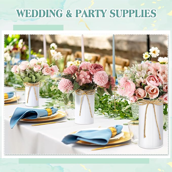 Zonon 18 Pcs Farmhouse Vase Decor with Twine Bow 4.33" Galvanized Flower Bucket 5.91" Metal Pots 7.09" Rustic Decorated Vases for Artificial Flowers Home Table Weddings Decor (White)