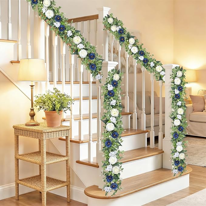 Betylifoy 2 Pack 12Ft Blue White Flower Garland Artificial Eucalyptus Flower Garlands Fake Peony Rose Floral Vines Silk Hydrangea Hanging Vine Greenery Garland for Wedding Party Table Backdrop Decor