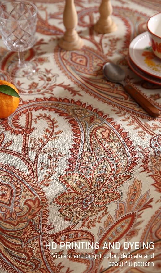 ISAENNE Designer Vintage Round Linen Tablecloth,Diameter 55"-Chauffrey D | Vintage French Table Cloth Round Table,Cashew Pattern,Durable,Heavyweight,Dining Room,Kitchen,Tea Party,Thanksgiving