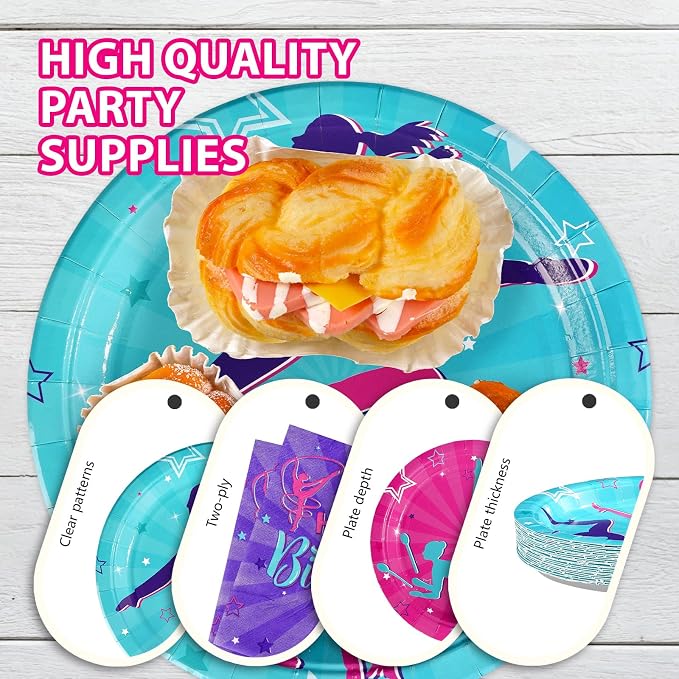 200Pcs Gymnastics Birthday Party Supplies Gymnastics Plates and Napkins Disposable Dance Gymnasts Themed Tableware Set for Little Dance Gymnasts Girls Birthday Party Decorations Serves 50