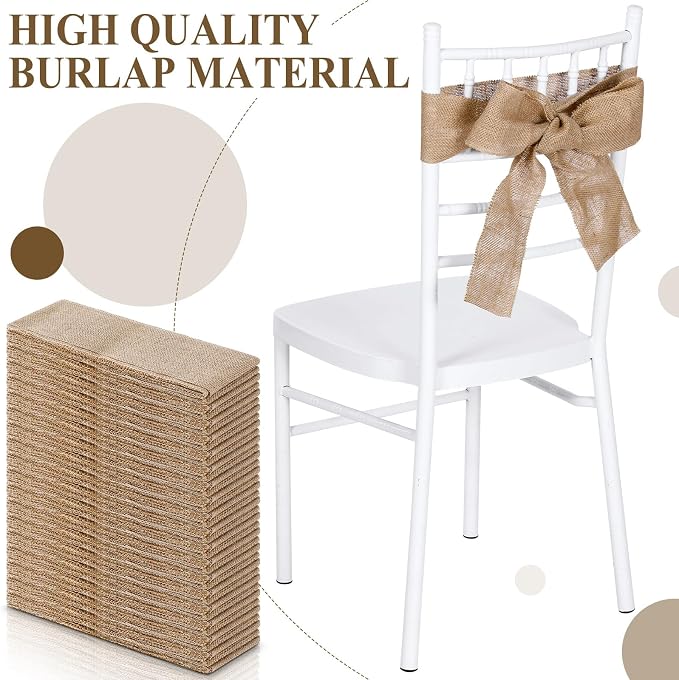 SmoothNovelty 24 Pcs Burlap Chair Sashes for Wedding Natural Jute Bow Ribbon Ties for Rustic Country Wedding Decoration Farmhouse Vintage Party Reception Birthday Anniversary Banquet, 3.9inch x 7.87ft