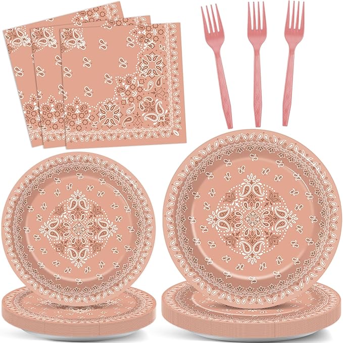 96Pcs Western Bandana Party Plates and Napkins for Pink Cowgirl Birthday Supplies Cowboy Themed Paper Dessert Plates Paisley Tableware Set for Kids Girls 24 Guests Birthday Party Decorations