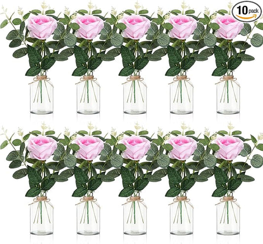 10 Set Vases Glass Centerpiece for Table 10 Small Clear Glass Vases 10 Artificial Roses 30 Leaves with Rope Flower Centerpieces for Wedding Arrangement Party Home Decoration (Pink)